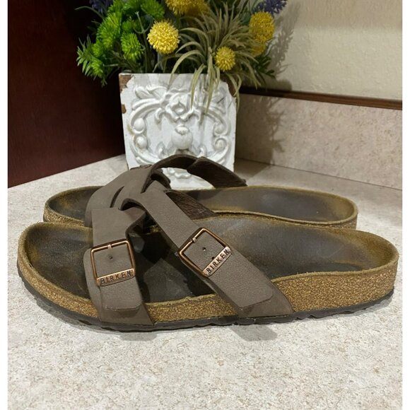 Birkenstock Womens Mayari Sandals Size 39 Brown Vegan Leather Cork Sole Adjustab - Picture 4 of 6